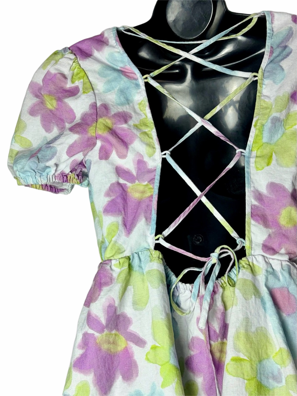 Sunday Best Aritzia Saida Pastel Floral Criss Cross Back Linen Blend Dress - Picture 7 of 10